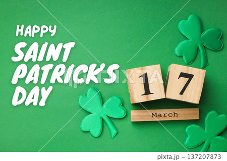 St. Patrick's Day decor with clovers and a calendar St. Patrick's Day decor with clovers and a calendar 137207873