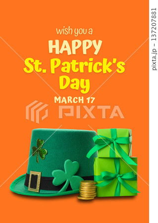 Green hat, gifts, and coins for St. Patrick's Day fun Green hat, gifts, and coins for St. Patrick's Day fun 137207881