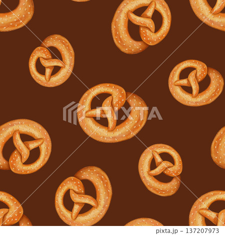 Watercolor seamless pattern featuring hand-drawn pretzels. Perfect for bakeries, cafes, packaging design, store menus and branding, textiles, cookbooks, and recipes. Watercolor seamless pattern featuring hand-drawn pretzels. Perfect for bakeries, cafes, packaging design, store menus and branding, textiles, cookbooks, and recipes. 137207973