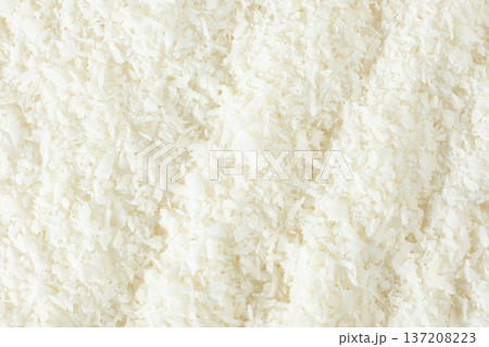 Macro Texture White Dried Coconut Flakes Top View 137208223