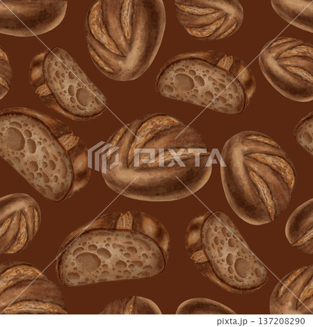 Watercolor seamless pattern with loaves of black bread. Rye bread. Perfect for bakeries, coffee shops, menu design, packaging, store branding and backgrounds, cookbooks, and recipes. Watercolor seamless pattern with loaves of black bread. Rye bread. Perfect for bakeries, coffee shops, menu design, packaging, store branding and backgrounds, cookbooks, and recipes. 137208290