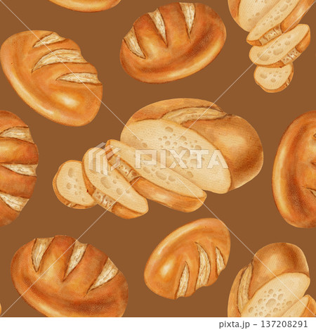 Seamless watercolor bread pattern with wheat and grains. White wheat bread. Perfect for bakeries, cafes, packaging, menus, food branding, and packaging. Hand-drawn illustration of baked goods. 137208291