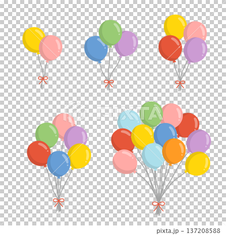 彩色氣球花束套裝，搭配緞帶向量圖 137208588