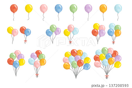 水彩風　カラフル風船フルセット（単品・ブーケ・リボン付き）ベクター 137208593