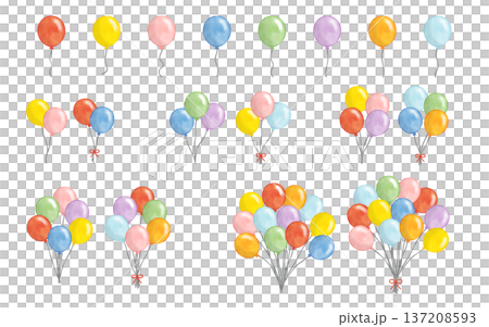 水彩風　カラフル風船フルセット（単品・ブーケ・リボン付き）ベクター 137208593