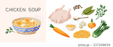 Hand drawn chicken soup recipe ingredients. Chicken, vegetables, herbs and spices arranged on soft background. Cute flat culinary vector illustration. 137208659