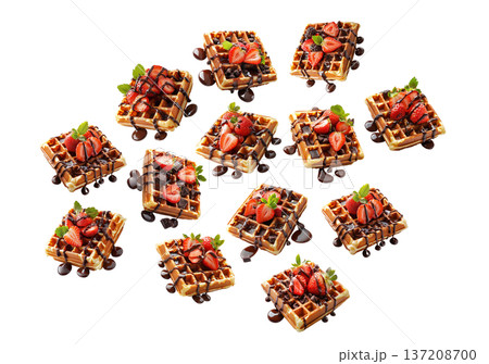 Sweet waffles with strawberries and chocolate isolated on white background, concept of tasty breakfast pattern 137208700