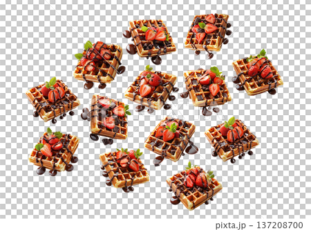 Sweet waffles with strawberries and chocolate isolated on white background, concept of tasty breakfast pattern 137208700