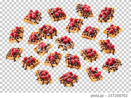 Belgian waffles with raspberries and chocolate isolated on white background as concept of tasty dessert 137208702