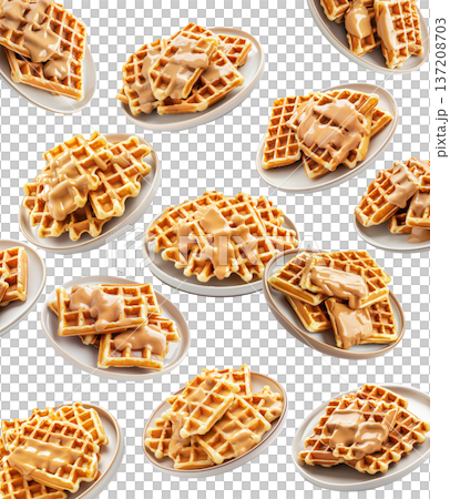 Multiple plates of golden waffles with creamy topping isolated on white background, concept of delicious breakfast food 137208703