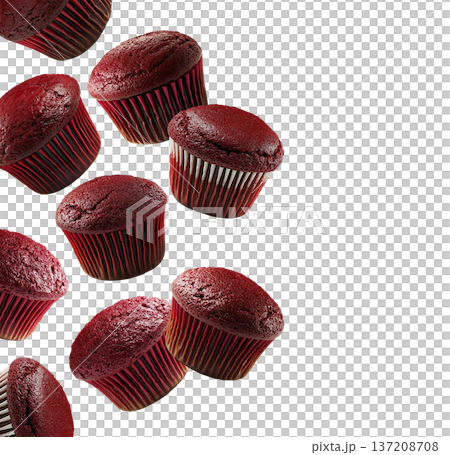 Multiple red velvet cupcakes randomly arranged, isolated on a white background. Concept of sweet dessert variety 137208708