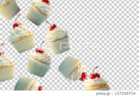 Multiple vanilla cupcakes topped with whipped cream and cherry scattered and on white background, sweet dessert concept Multiple vanilla cupcakes topped with whipped cream and cherry scattered and on white background, sweet dessert concept 137208714
