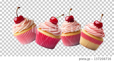 Multiple pink frosted cupcakes with cherries scattered and isolated on a white background, concept of dessert or pastry pattern Multiple pink frosted cupcakes with cherries scattered and isolated on a white background, concept of dessert or pastry pattern 137208716