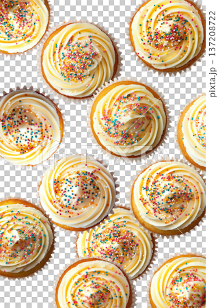 Vanilla cupcakes with creamy frosting and colorful sprinkles, isolated on white background. Concept of sweet dessert treats 137208722