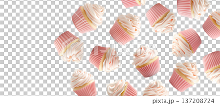 Multiple pink frosted cupcakes with swirl icing scattered in a seamless layout, isolated on white background 137208724