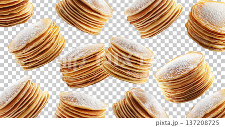 Multiple stacks of golden pancakes topped with powdered sugar, on a white background, showing a breakfast or food texture concept Multiple stacks of golden pancakes topped with powdered sugar, on a white background, showing a breakfast or food texture concept 137208725