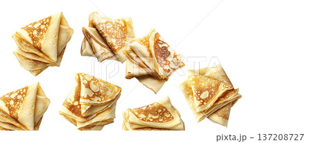 Multiple folded golden crepes arranged in a scattered seamless pattern on white background, representing a delicious food concept 137208727