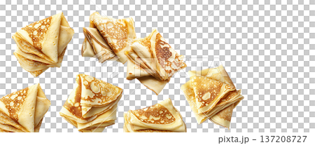 Multiple folded golden crepes arranged in a scattered seamless pattern on white background, representing a delicious food concept 137208727