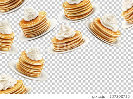 Repeating pattern of golden pancakes topped with whipped cream on plates, isolated over a white background, concept of breakfast Repeating pattern of golden pancakes topped with whipped cream on plates, isolated over a white background, concept of breakfast 137208730