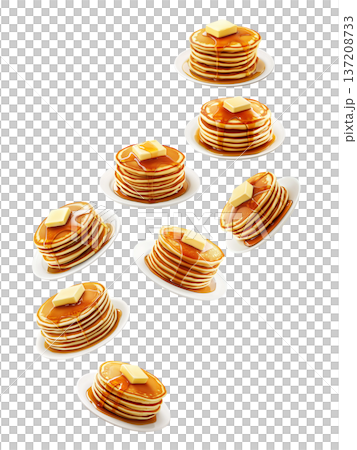 Multiple stacks of fluffy pancakes topped with butter and syrup, isolated on white background. Concept of sweet breakfast treat 137208733