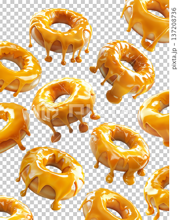 Multiple caramel glazed donuts with shiny topping arranged in seamless pattern and isolated on white background Multiple caramel glazed donuts with shiny topping arranged in seamless pattern and isolated on white background 137208736