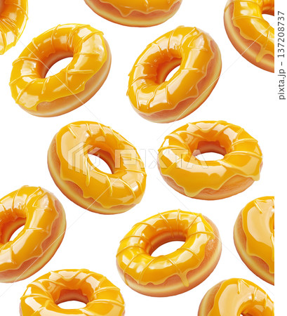 Five shiny glazed donuts floating isolated on white background, concept of sweet food and dessert temptation Five shiny glazed donuts floating isolated on white background, concept of sweet food and dessert temptation 137208737