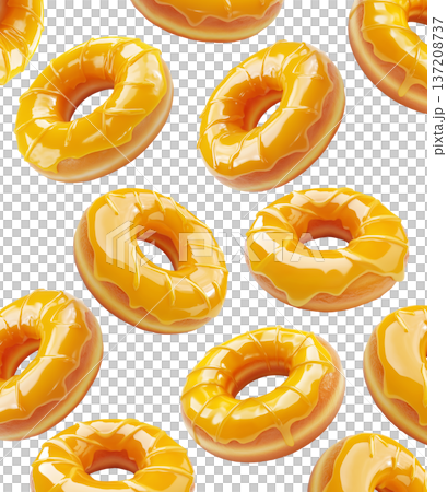 Five shiny glazed donuts floating isolated on white background, concept of sweet food and dessert temptation 137208737