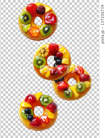 Assorted fruit tart donuts topped with vibrant fresh fruits, isolated on white background. Concept of dessert variety Assorted fruit tart donuts topped with vibrant fresh fruits, isolated on white background. Concept of dessert variety 137208739