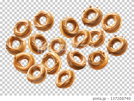 Multiple caramel glazed donuts scattered in a seamless pattern, isolated on white background, concept of dessert 137208740