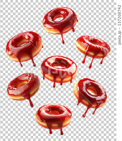 Glossy red glazed donuts with syrup dripping, isolated on white background. Concept of sweet dessert and indulgence Glossy red glazed donuts with syrup dripping, isolated on white background. Concept of sweet dessert and indulgence 137208742