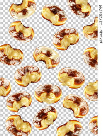 Delicious cream filled donuts with chocolate and vanilla glaze, isolated on white background, concept of sweet dessert indulgence Delicious cream filled donuts with chocolate and vanilla glaze, isolated on white background, concept of sweet dessert indulgence 137208744