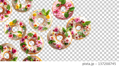 Decorative donuts topped with edible flowers, mint, and icing, isolated on white background, concept of floral dessert Decorative donuts topped with edible flowers, mint, and icing, isolated on white background, concept of floral dessert 137208745