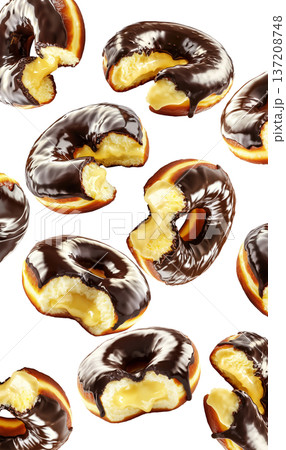Chocolate glazed cream filled donuts with visible bite marks, isolated on white background. Concept of sweet dessert pattern Chocolate glazed cream filled donuts with visible bite marks, isolated on white background. Concept of sweet dessert pattern 137208748
