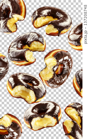 Chocolate glazed cream filled donuts with visible bite marks, isolated on white background. Concept of sweet dessert pattern Chocolate glazed cream filled donuts with visible bite marks, isolated on white background. Concept of sweet dessert pattern 137208748