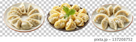 Steamed mandu dumplings placed in circular pattern on ceramic plate, isolated on white transparent background 137208752