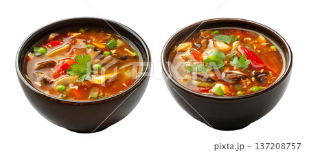 Hot and sour soup with chicken, mushrooms, bell peppers, fresh herbs in white bowl, isolated on white background Hot and sour soup with chicken, mushrooms, bell peppers, fresh herbs in white bowl, isolated on white background 137208757