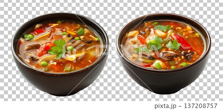 Hot and sour soup with chicken, mushrooms, bell peppers, fresh herbs in white bowl, isolated on white background 137208757