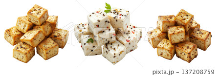Cubes of seasoned tofu with visible herbs and spices, arranged in stack isolated on white transparent background 137208759