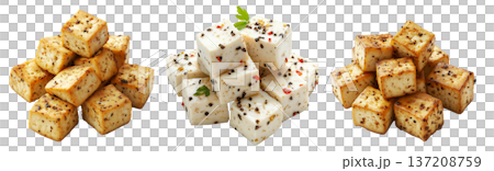 Cubes of seasoned tofu with visible herbs and spices, arranged in stack isolated on white transparent background 137208759