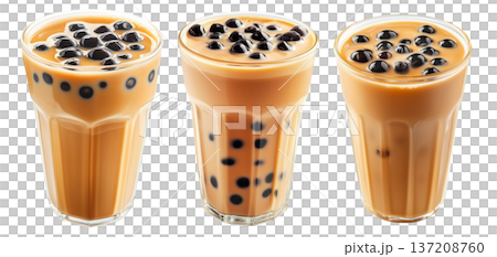 Creamy bubble milk tea with tapioca pearls in glass cup, isolated on white transparent background 137208760