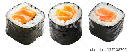 Sushi roll Maki with salmon, avocado, cucumber and rice wrapped in seaweed, isolated on white transparent background Sushi roll Maki with salmon, avocado, cucumber and rice wrapped in seaweed, isolated on white transparent background 137208765