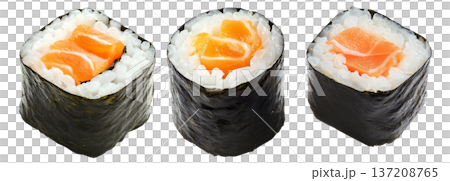 Sushi roll Maki with salmon, avocado, cucumber and rice wrapped in seaweed, isolated on white transparent background 137208765