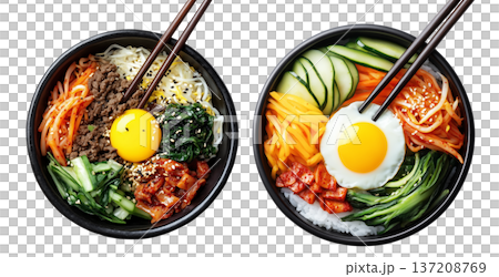 Korean bibimbap dish with fresh vegetables, fried egg, and gochujang sauce in black bowl isolated on white background 137208769