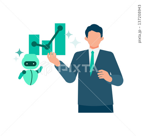 AIと協力してグラフ資料を作成し発表するスーツの男性 137208943