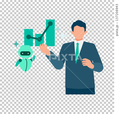 AIと協力してグラフ資料を作成し発表するスーツの男性 137208943