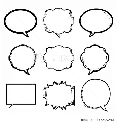 シンプルな吹き出しアイコンセット（白黒・線画・詰め合わせ・フレーム・コメント枠・白背景） 137209248