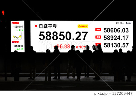 日本の東京都市景観最高値更新5万8850円27銭株価/終値。3日連続で最高値更新=2月27日 日本の東京都市景観最高値更新5万8850円27銭株価/終値。3日連続で最高値更新=2月27日 137209447