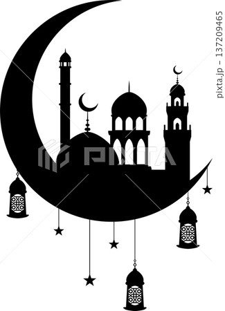Muslim decor crescent with mosque and lantern 137209465