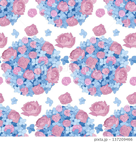 pink peonies and blue hydrangeas, seamless vector pattern. 137209466