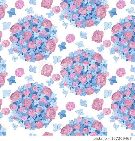 pink peonies and blue hydrangeas, seamless vector pattern. Picture with a round bouquet of flowers 137209467